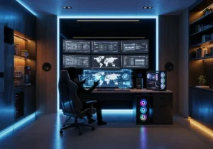 Mies istuu pöydän ääressä pimeässä huoneessa, katsoen tietokoneen näyttöä